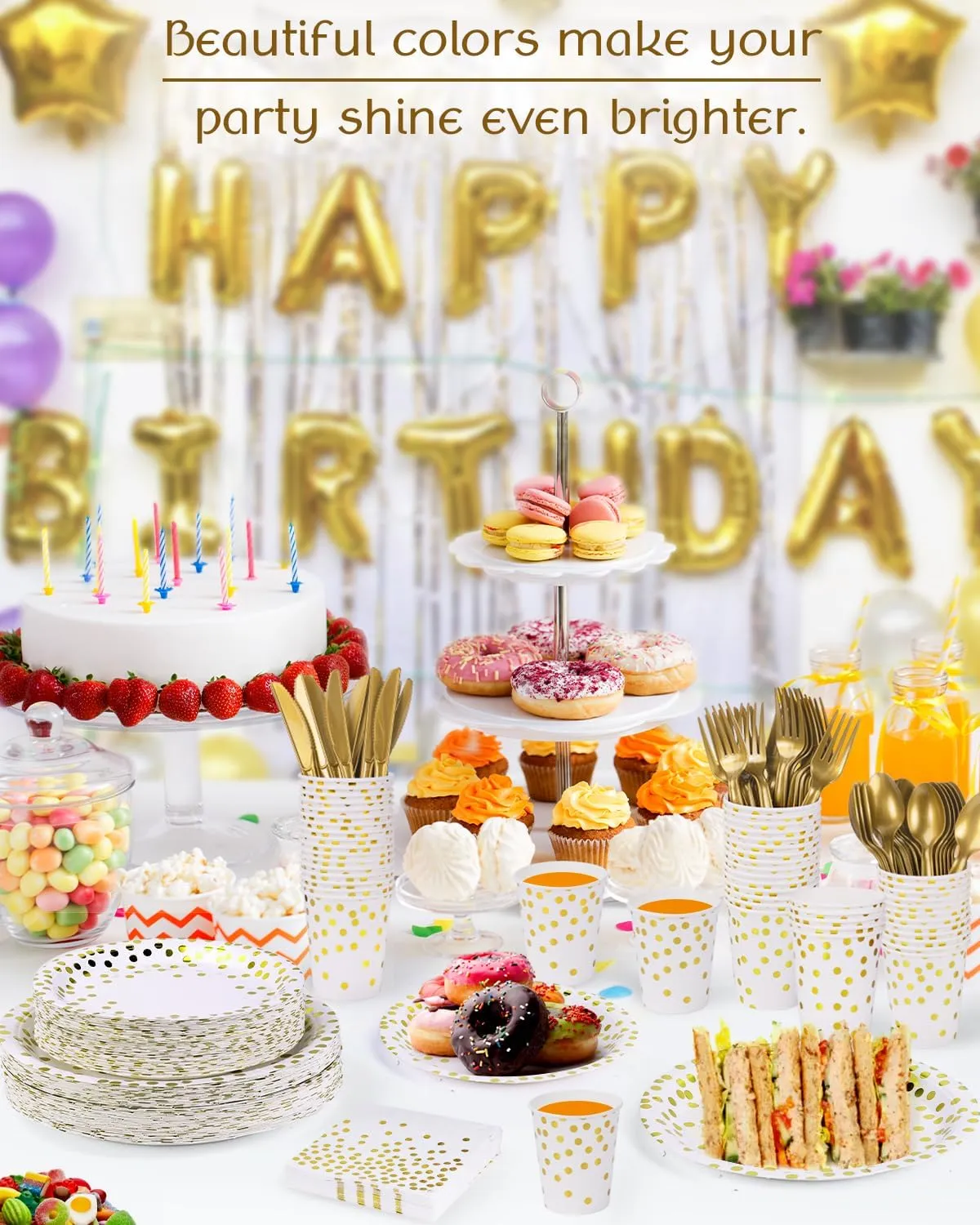 350 Pieces Party Supplies, White and Gold Dots Party Plates Cups and Napkins Sets with Plastic Knives forks spoons, Disposable Tableware Serves 50 Sets for Wedding, Birthday, Graduation, Festivals