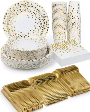 350 Pieces Party Supplies, White and Gold Dots Party Plates Cups and Napkins Sets with Plastic Knives forks spoons, Disposable Tableware Serves 50 Sets for Wedding, Birthday, Graduation, Festivals