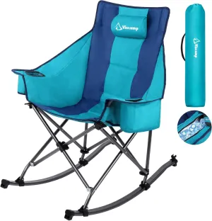 350lbs Rocking Camping Chair, Oversized Fully Padded Patio Chair Lawn Chairs With Cooler Bag Headrest and Cup Holder Rocking Chair Outdoor Folding Chairs For Outside Camping Contest(BlueGreen)