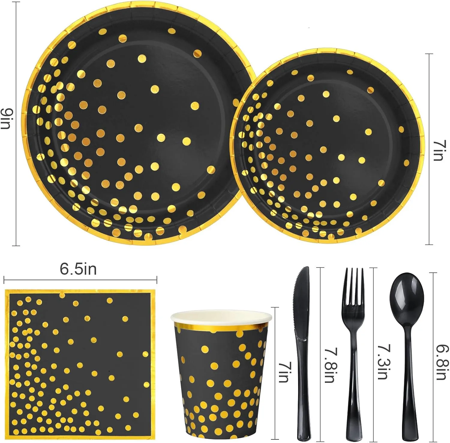 350Pcs Black and Gold Party Supplies, Severs 50 Golden Dot Black Paper Plates Party Dinnerware Include Black Plastic Forks Knives Golden Napkins Cups Spoons Knives for Retirement,Graduation, Birthday