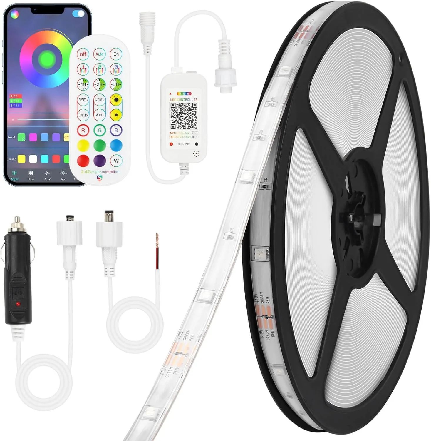 35ft LED Boat Lights Strip, IP68 Waterproof 12V Marine LED Strip with Remote & App Control - Color Changing, Music Sync, Smart Timer - Includes Cigarette Lighter Plug & DC Wire