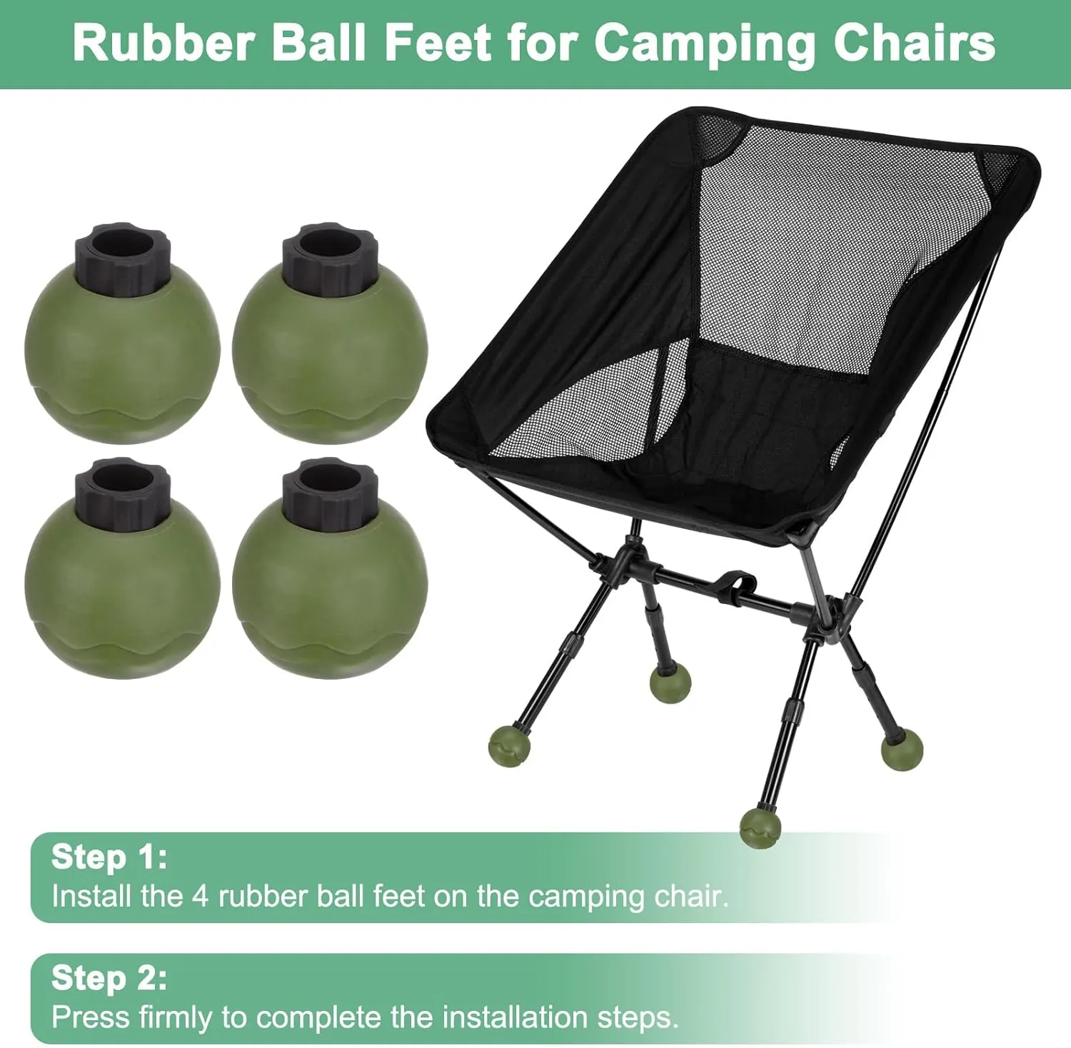 4-Pack Camping Chair Stabilizing Rubber Ball Feet, Leg Protector W 8pcs 15mm Foot Cover for Portable Camping Chair, Help Stability on Rugged and Uneven Surfaces [Jungle Green]