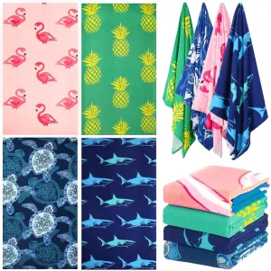 4 Packs Oversized Thin Beach Towel Set, XL Extra Large Big 36 x 72 in Clearance Swim Travel Towels Soft Blanket for Adult Women Men Lounge Chair Cover Accessories Essentials Blue Shark Pink Flamingos