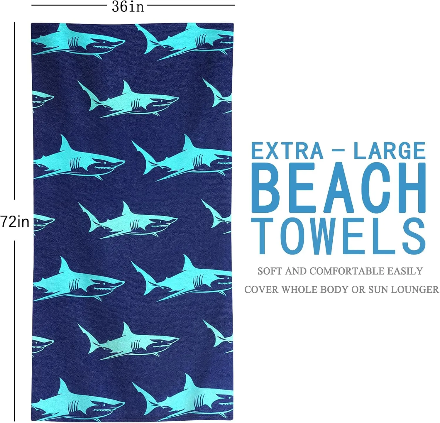 4 Packs Oversized Thin Beach Towel Set, XL Extra Large Big 36 x 72 in Clearance Swim Travel Towels Soft Blanket for Adult Women Men Lounge Chair Cover Accessories Essentials Blue Shark Pink Flamingos