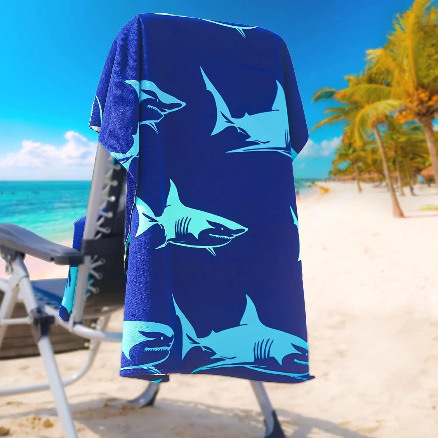 4 Packs Oversized Thin Beach Towel Set, XL Extra Large Big 36 x 72 in Clearance Swim Travel Towels Soft Blanket for Adult Women Men Lounge Chair Cover Accessories Essentials Blue Shark Pink Flamingos