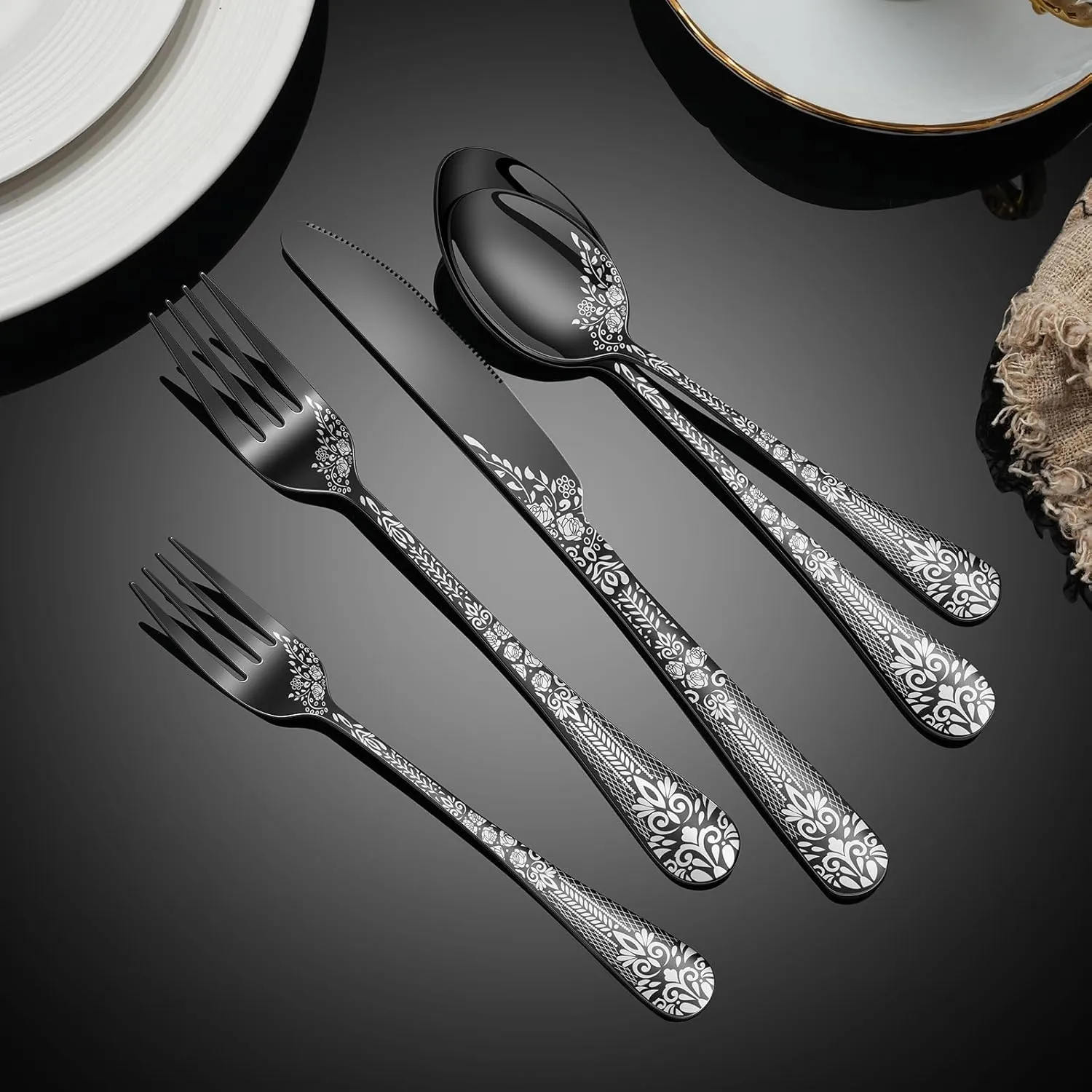 40 Piece Black Silverware Set, Stainless Steel Flatware Cutlery Set Service for 8, Mirror Polished Tableware Eating Utensils Set for Home Kitchen, Include Knife Fork Spoon Set, Dishwasher Safe