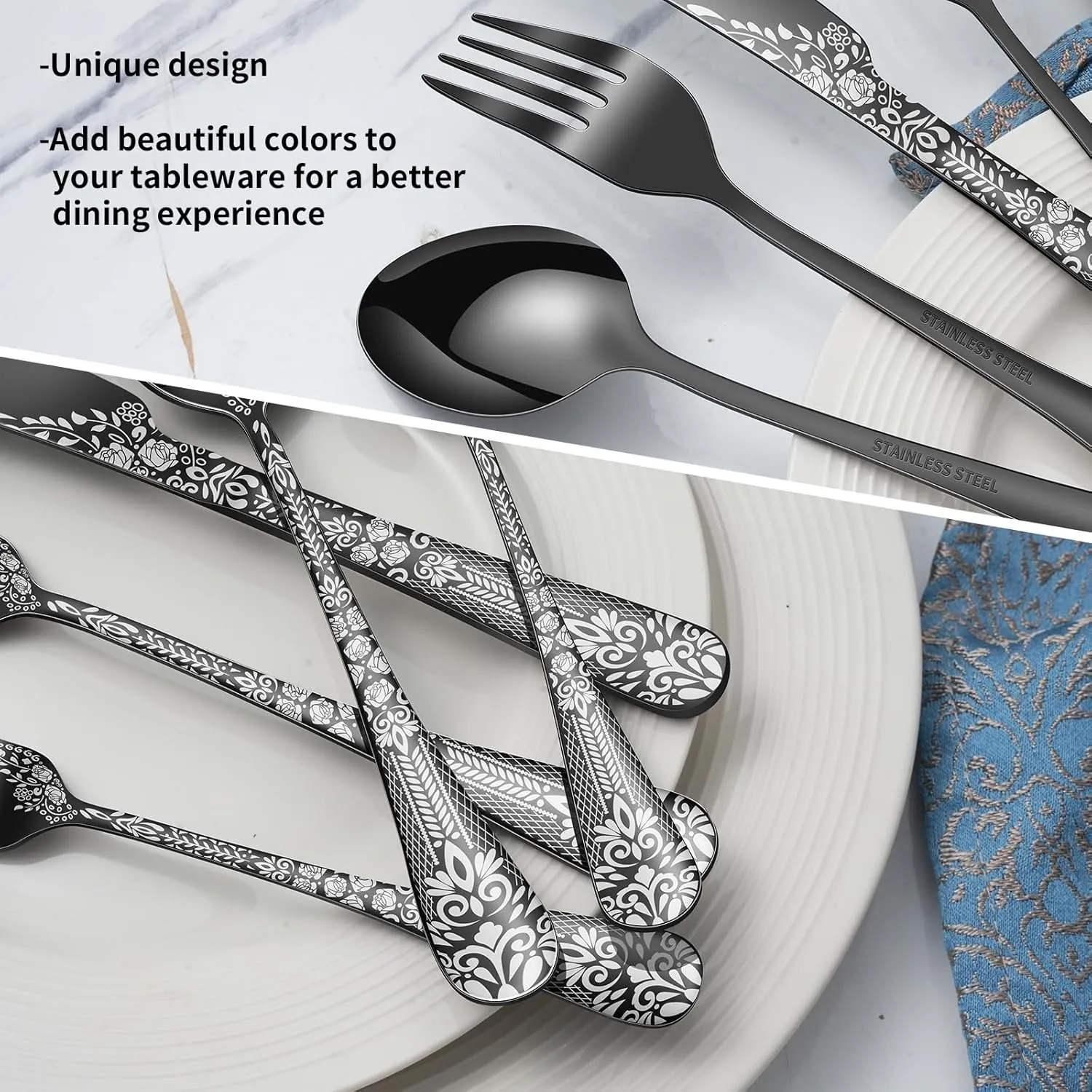 40 Piece Black Silverware Set, Stainless Steel Flatware Cutlery Set Service for 8, Mirror Polished Tableware Eating Utensils Set for Home Kitchen, Include Knife Fork Spoon Set, Dishwasher Safe