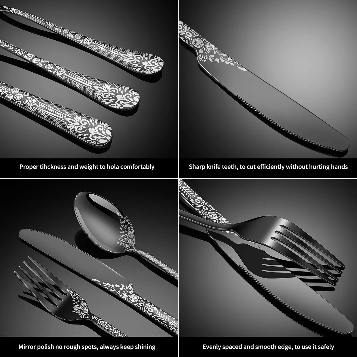 40 Piece Black Silverware Set, Stainless Steel Flatware Cutlery Set Service for 8, Mirror Polished Tableware Eating Utensils Set for Home Kitchen, Include Knife Fork Spoon Set, Dishwasher Safe