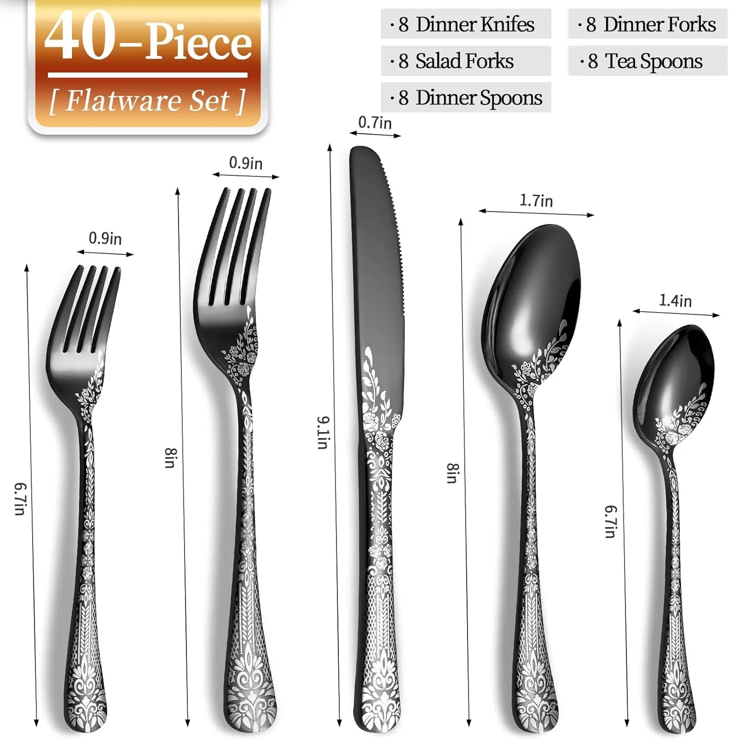 40 Piece Black Silverware Set, Stainless Steel Flatware Cutlery Set Service for 8, Mirror Polished Tableware Eating Utensils Set for Home Kitchen, Include Knife Fork Spoon Set, Dishwasher Safe