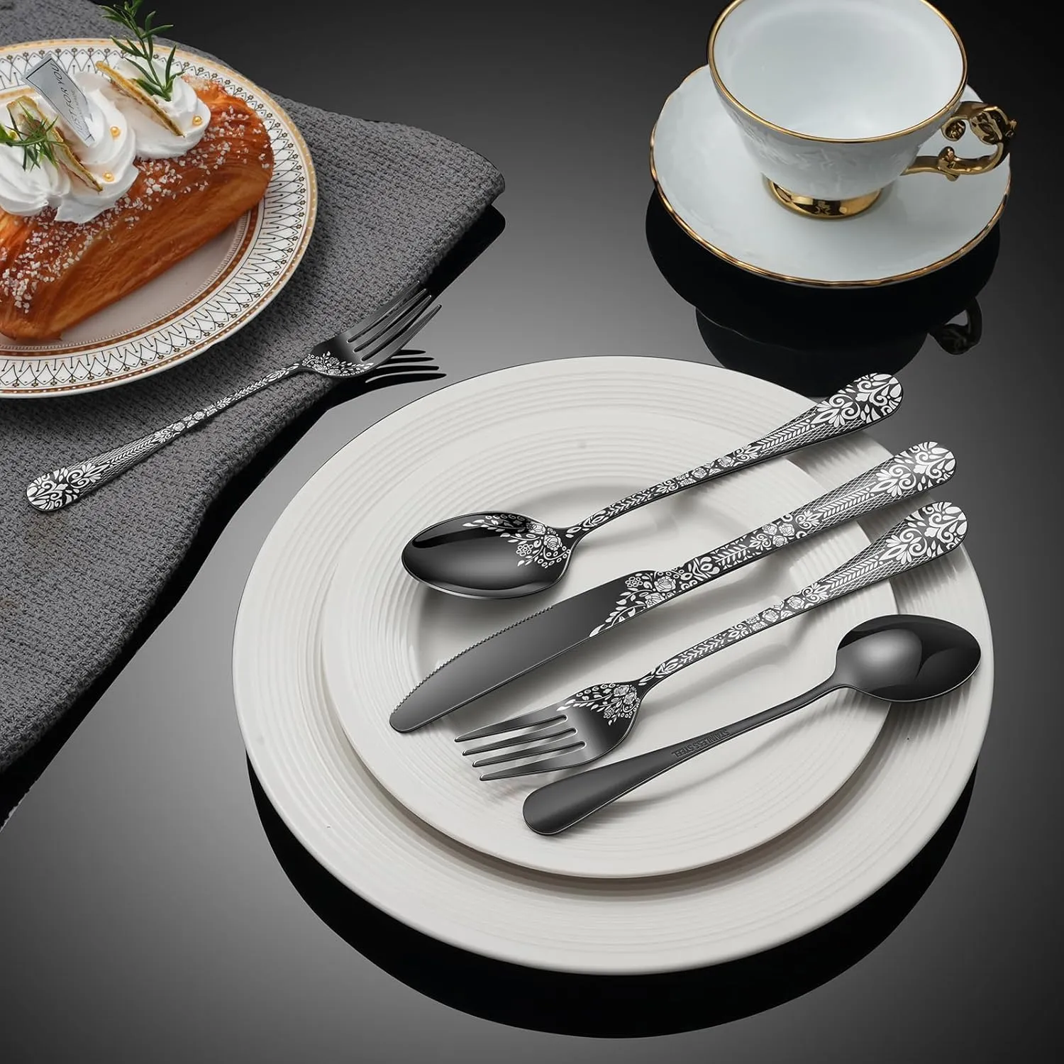 40 Piece Black Silverware Set, Stainless Steel Flatware Cutlery Set Service for 8, Mirror Polished Tableware Eating Utensils Set for Home Kitchen, Include Knife Fork Spoon Set, Dishwasher Safe