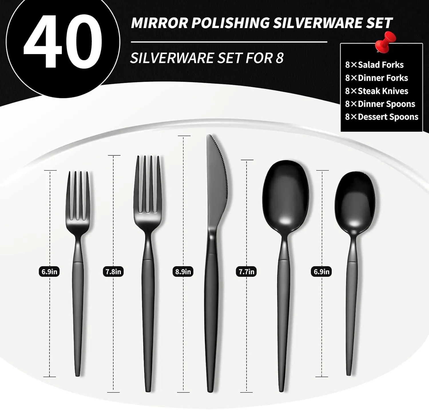 40-piece Black Silverware Set, Unique Design Stainless Steel Flatware Set, Cutlery Set Spoons And Forks Knives Set, Tableware Set Service For 8, Dishwasher Safe