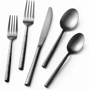 40-Piece Heavy Duty Hammered Silverware Set for 8，Forged Black 18/10 Stainless Steel Flatware Set，Premium Food-Grade Cultery Set Knives，Forks and Spoons Tableware Set，Service for 8