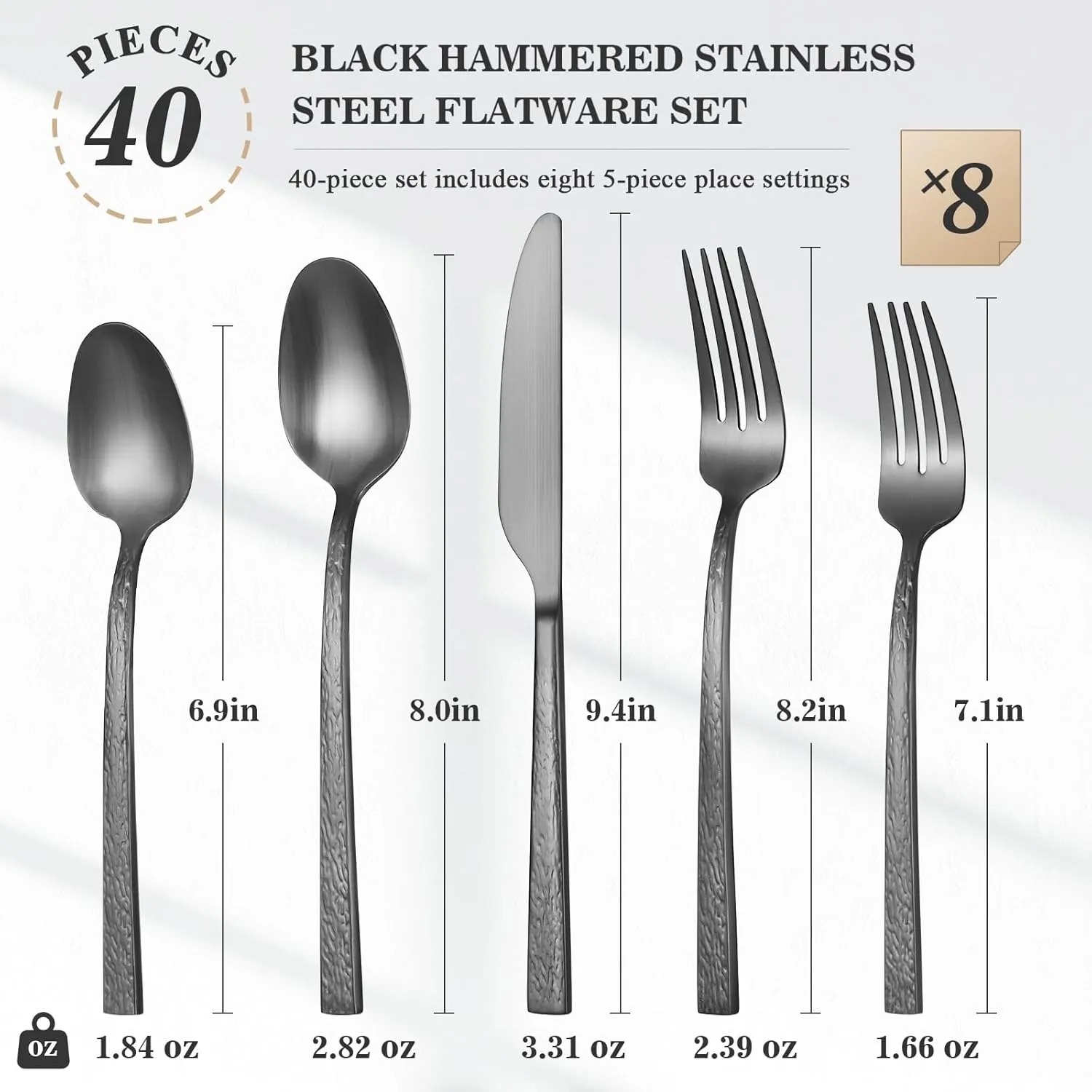 40-Piece Heavy Duty Hammered Silverware Set for 8，Forged Black 18/10 Stainless Steel Flatware Set，Premium Food-Grade Cultery Set Knives，Forks and Spoons Tableware Set，Service for 8