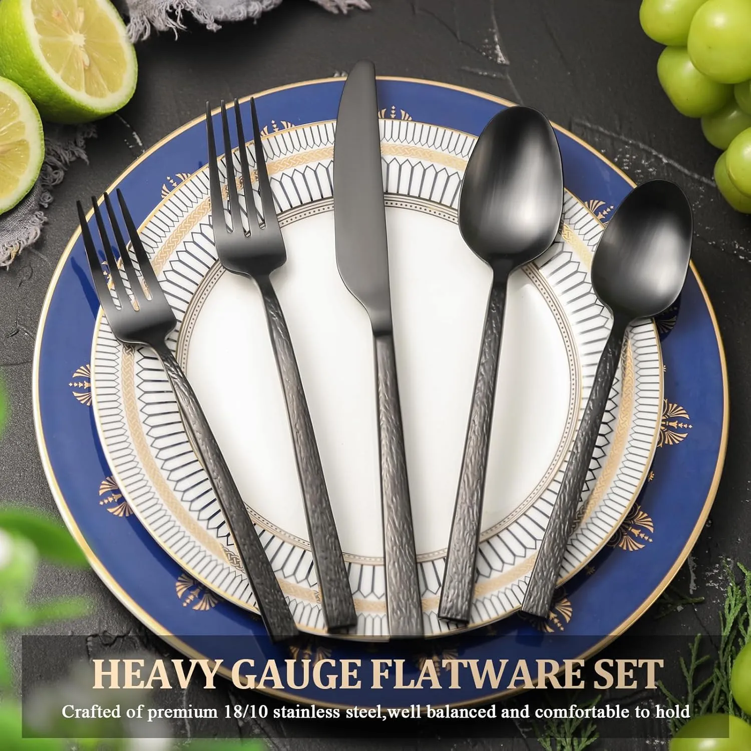 40-Piece Heavy Duty Hammered Silverware Set for 8，Forged Black 18/10 Stainless Steel Flatware Set，Premium Food-Grade Cultery Set Knives，Forks and Spoons Tableware Set，Service for 8
