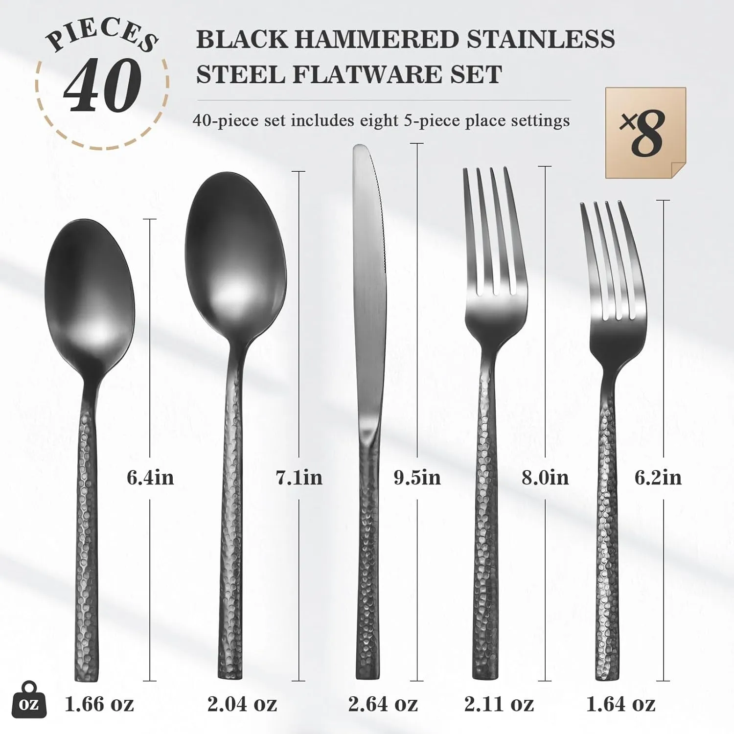 40-Piece Heavy Duty Hammered Silverware Set for 8，Forged Black 18/10 Stainless Steel Flatware Set，Premium Food-Grade Cultery Set Knives，Forks and Spoons Tableware Set，Service for 8