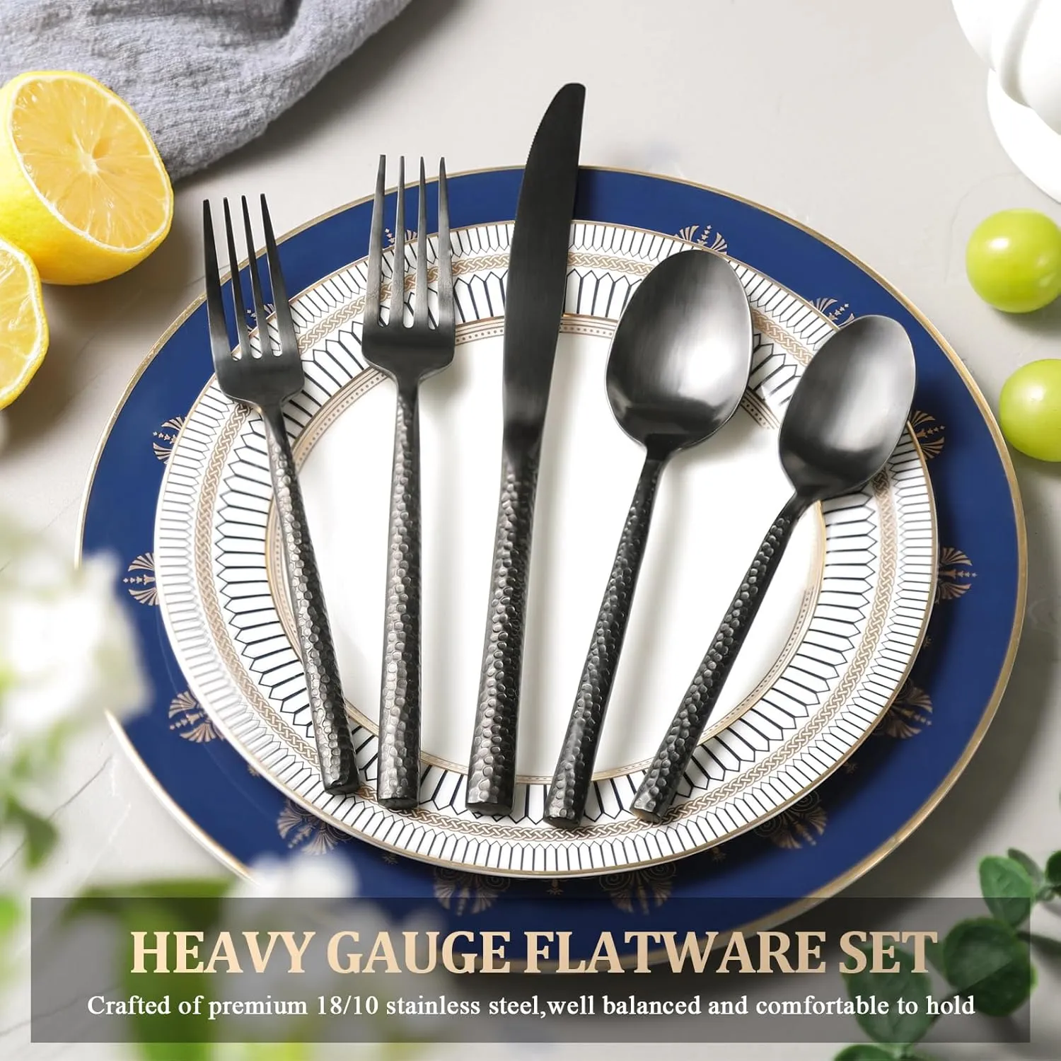 40-Piece Heavy Duty Hammered Silverware Set for 8，Forged Black 18/10 Stainless Steel Flatware Set，Premium Food-Grade Cultery Set Knives，Forks and Spoons Tableware Set，Service for 8