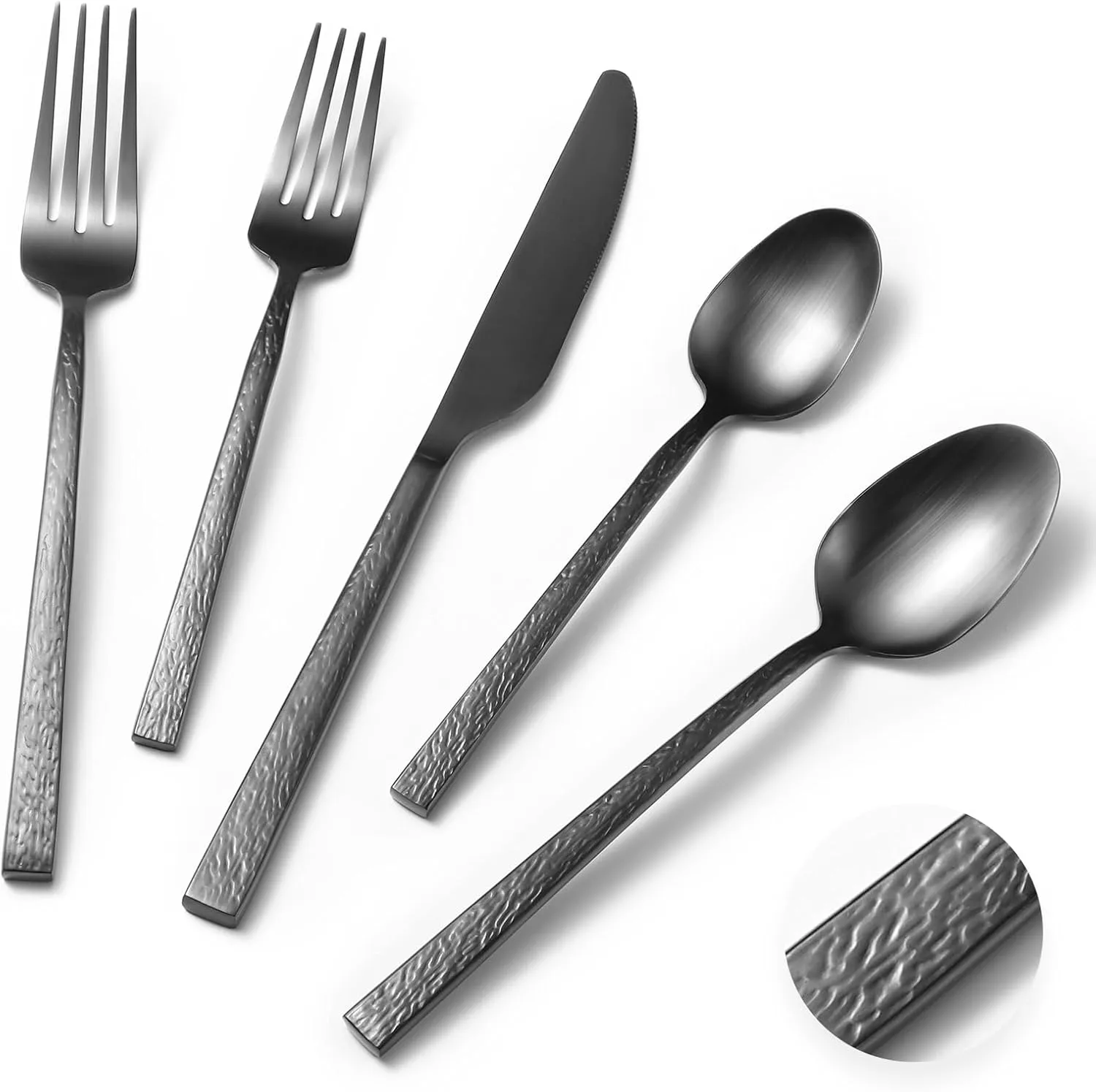 40-Piece Heavy Duty Hammered Silverware Set for 8，Forged Black 18/10 Stainless Steel Flatware Set，Premium Food-Grade Cultery Set Knives，Forks and Spoons Tableware Set，Service for 8
