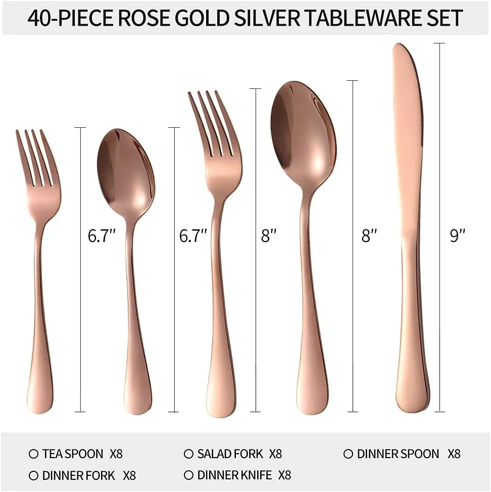 40-piece Rose Gold Silverware Set, Stainless Steel Cooking Flatware Serving Set, Flatware Cutlery Set For Home Kitchen Restaurant Hotel, Tableware Set Service for 8, Dishwasher Safe