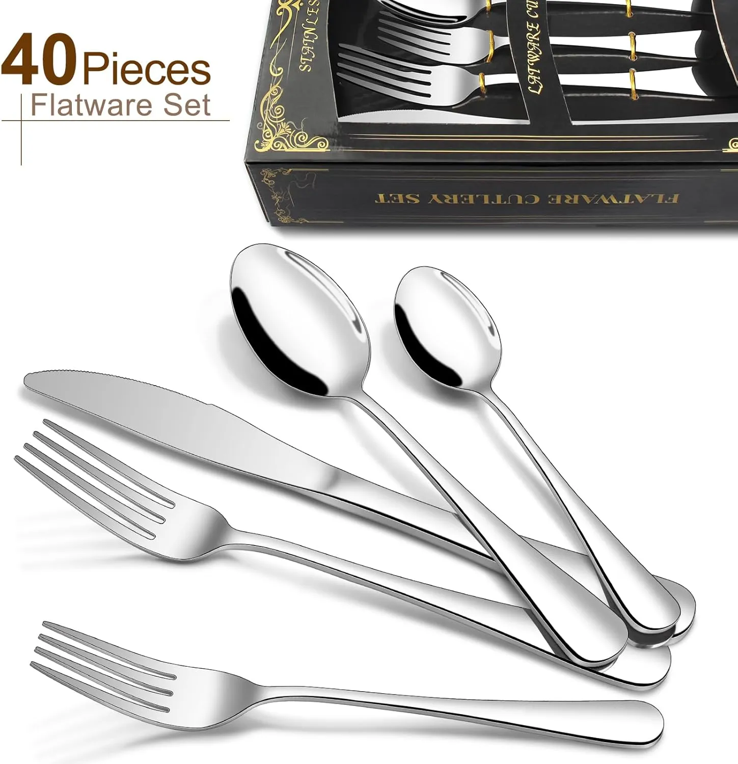 40-Piece Silverware Set for 8, Stainless Steel Flatware Cutlery, Kitchen Tableware, Utensil Set for Home and Restaurant, Knives, Forks, Spoons, Mirror Polished, Dishwasher Safe