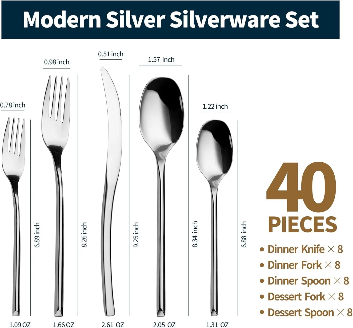 40-Piece Silverware Set for 8,Modern 18/10 Stainless Steel Flatware Set,Luxury Cutlery Set,Unique Utensils Set for Restaurant,Spoons and Forks Set,Mirror Polished,Dishwasher Safe