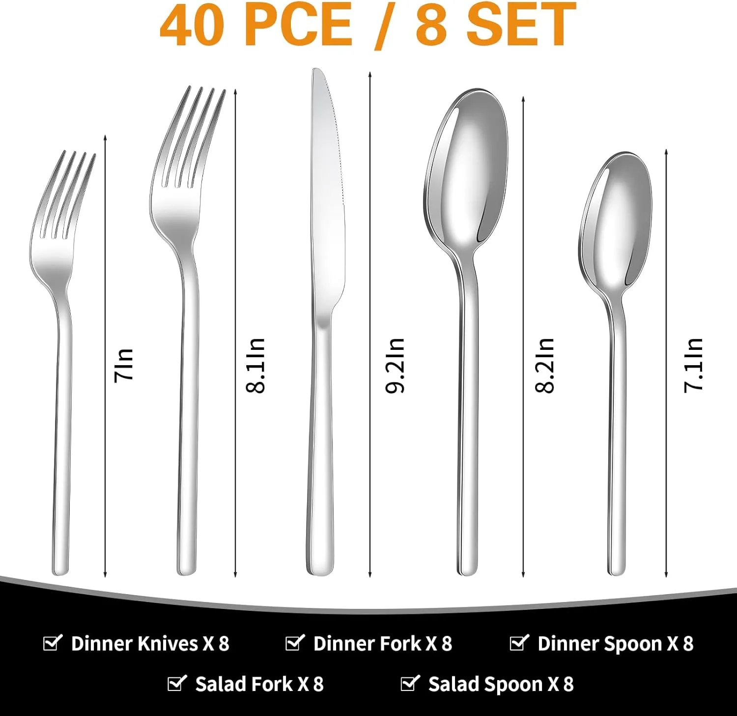 40 Piece Silverware Set Service for 8, Food-Grade Stainless Steel Flatware Set, Modern Classic Design Cutlery Utensil Set, Dinner Fork Knife Spoon Eating Tableware for Home, Dishwasher Safe