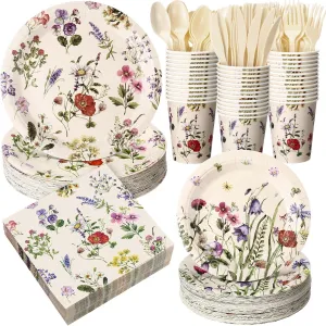 400 Pcs Wild Floral Disposable Paper Plates Napkins and Cups Watercolor Floral Tableware Set for Spring Wedding Tea Party Decoration Bridal Shower Baby Shower(Fresh Color,Vivid Style)