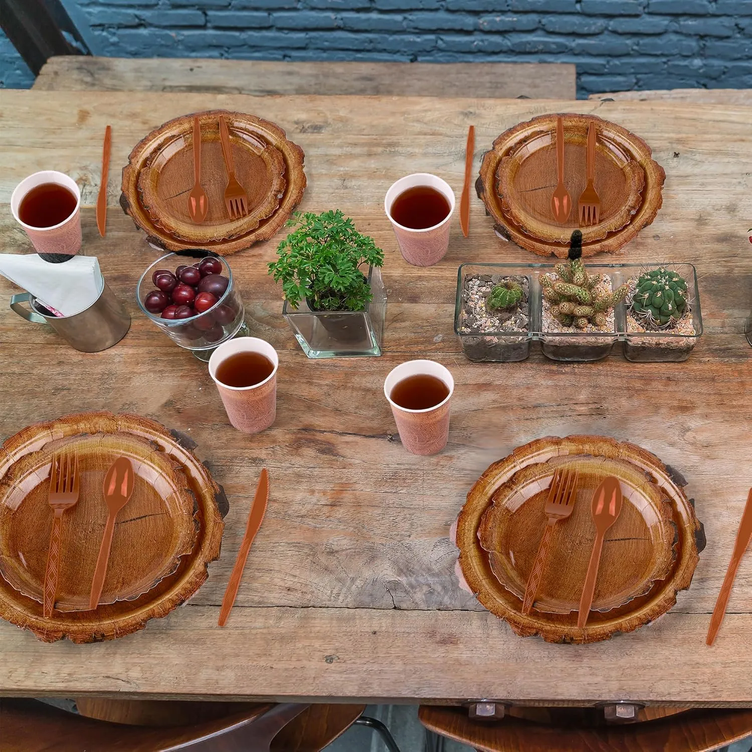400 Pieces Wood Grain Slice Disposable Party Tableware Sets Rustic Wood Party Supplies Including Plates Cups Napkins Cutlery Serves 50 for Camping Birthday Forest Themed Party Decorations