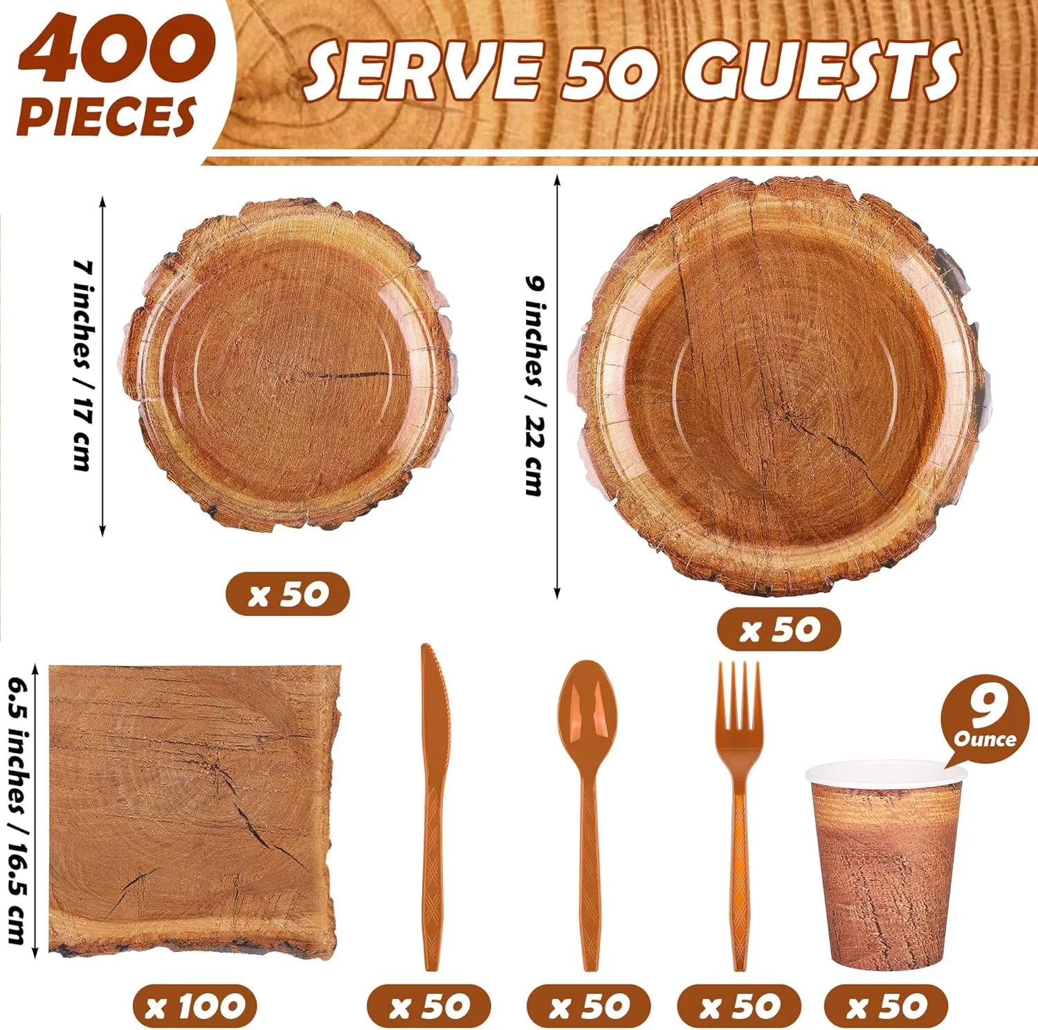 400 Pieces Wood Grain Slice Disposable Party Tableware Sets Rustic Wood Party Supplies Including Plates Cups Napkins Cutlery Serves 50 for Camping Birthday Forest Themed Party Decorations