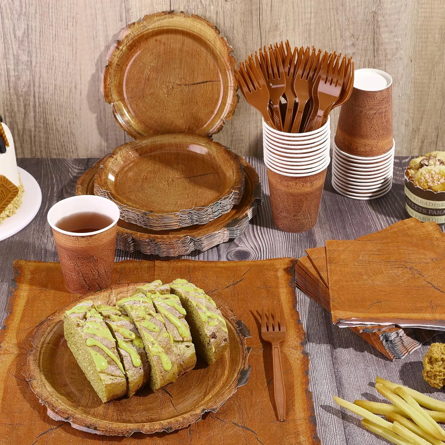 400 Pieces Wood Grain Slice Disposable Party Tableware Sets Rustic Wood Party Supplies Including Plates Cups Napkins Cutlery Serves 50 for Camping Birthday Forest Themed Party Decorations