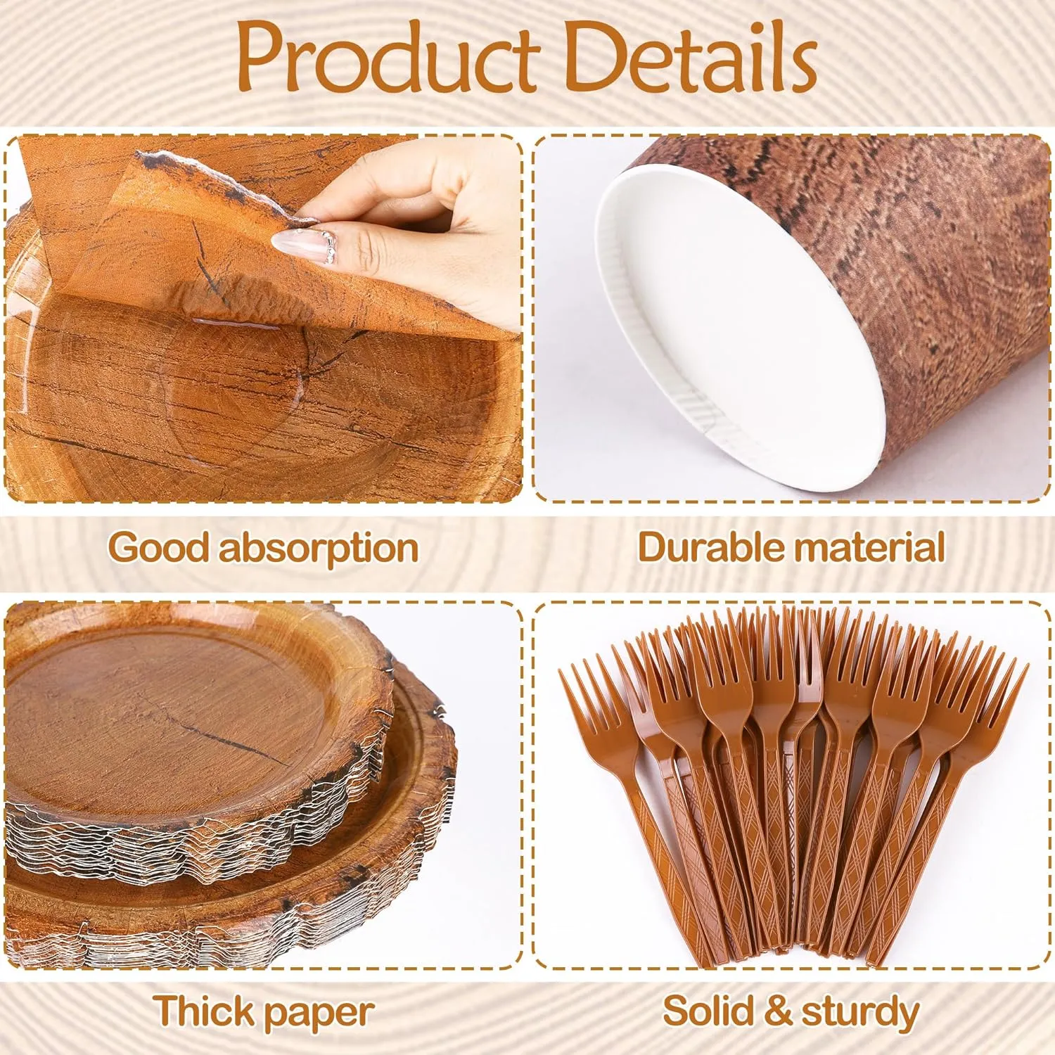 400 Pieces Wood Grain Slice Disposable Party Tableware Sets Rustic Wood Party Supplies Including Plates Cups Napkins Cutlery Serves 50 for Camping Birthday Forest Themed Party Decorations