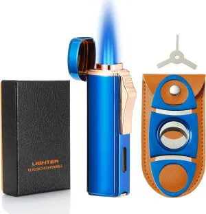 420 Carbon Steel 𝐂𝐮𝐭𝐭𝐞𝐫 and Lighter Set, Built-in 𝐏𝐮𝐧𝐜𝐡, Triple Jet Flame Butane Torch Lighter, Refillable Windproof Lighter, Blue. (Sold Without Gas)