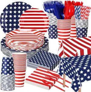 436 Pcs Patriotic American Flag Party Decorations Tablecloth Plate Napkin Cup Cutlery Straw Disposable Tableware Set for 4th of July Independence Memorial Election Day Supplies, Serves 48