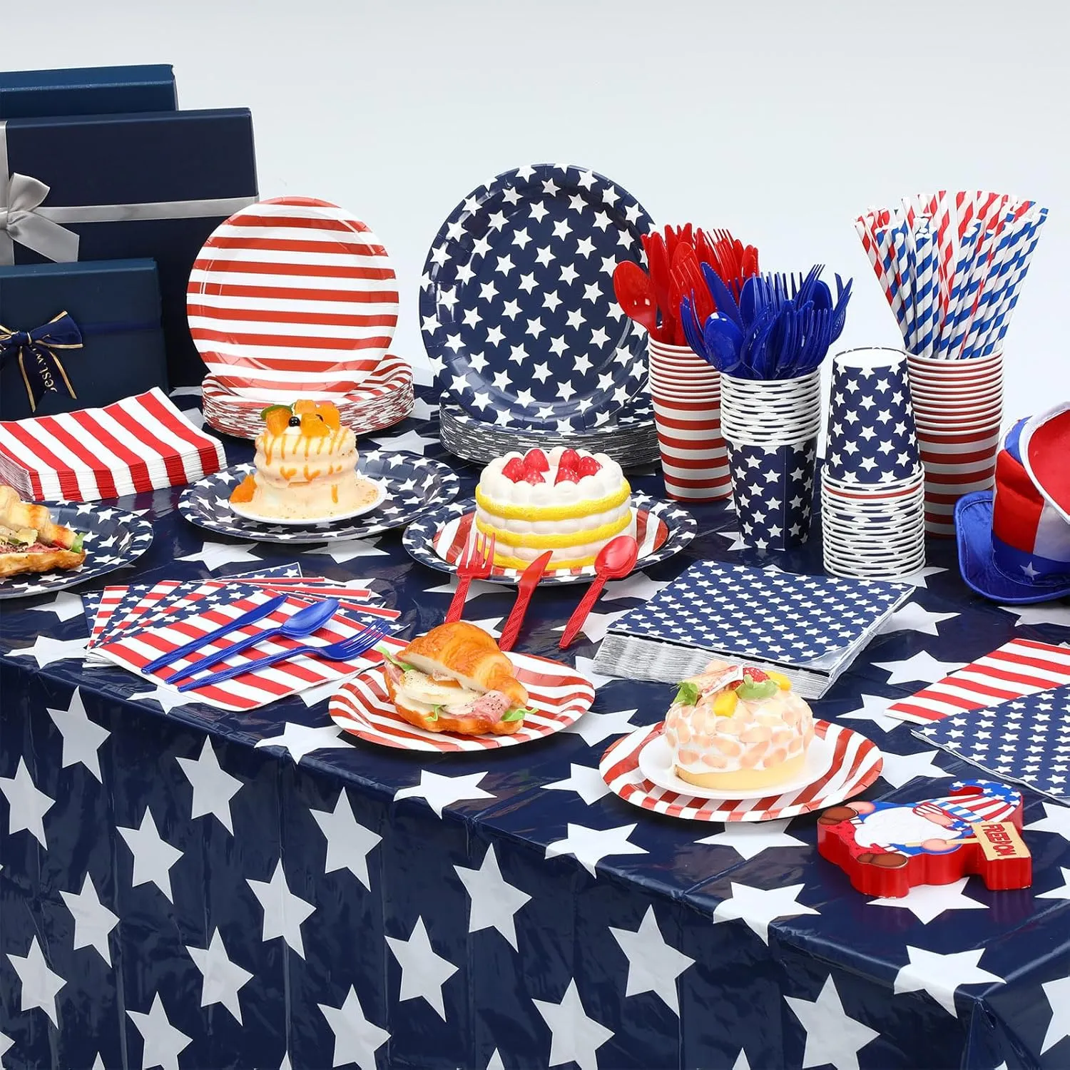 436 Pcs Patriotic American Flag Party Decorations Tablecloth Plate Napkin Cup Cutlery Straw Disposable Tableware Set for 4th of July Independence Memorial Election Day Supplies, Serves 48
