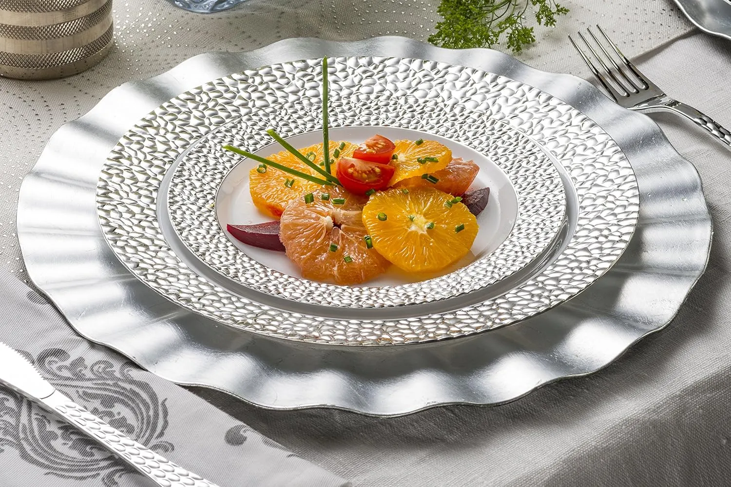 [48 Count - 7 Inch Plates] Laura Stein Designer Tableware Premium Heavyweight Plastic White Appetizer - Salad Plates With Silver Border, Party & Wedding Plate, Glitz Series, Disposable Dishes