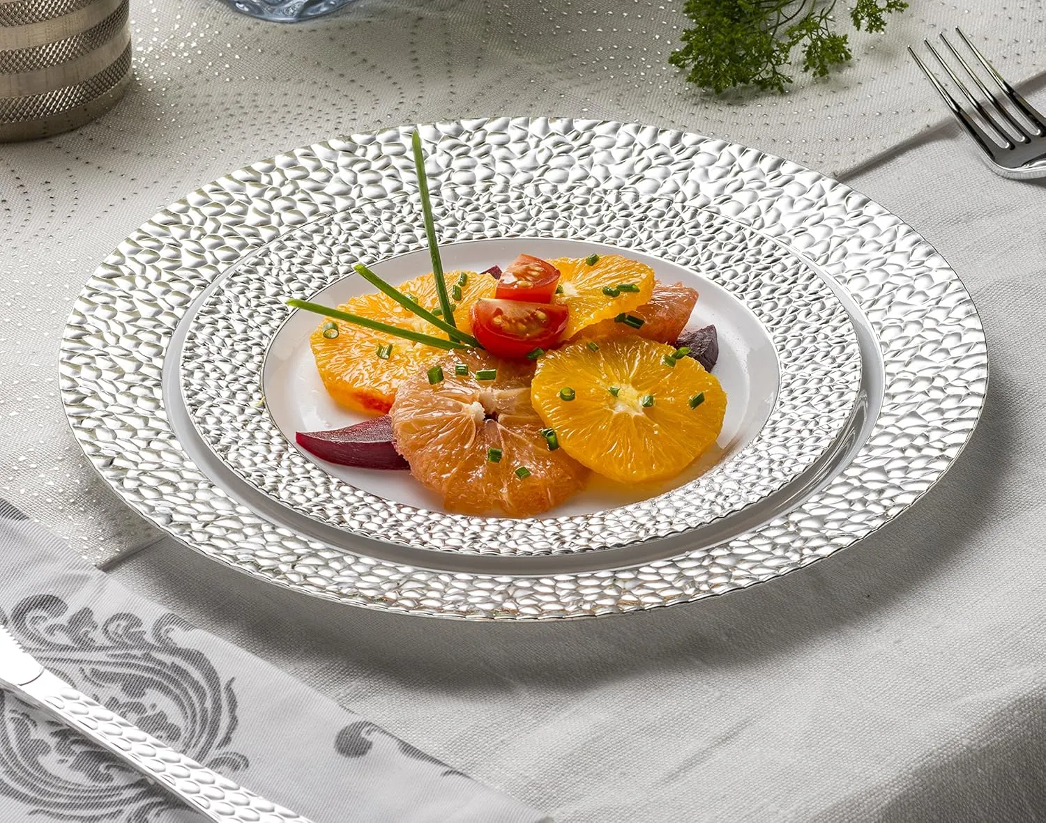 [48 Count - 7 Inch Plates] Laura Stein Designer Tableware Premium Heavyweight Plastic White Appetizer - Salad Plates With Silver Border, Party & Wedding Plate, Glitz Series, Disposable Dishes