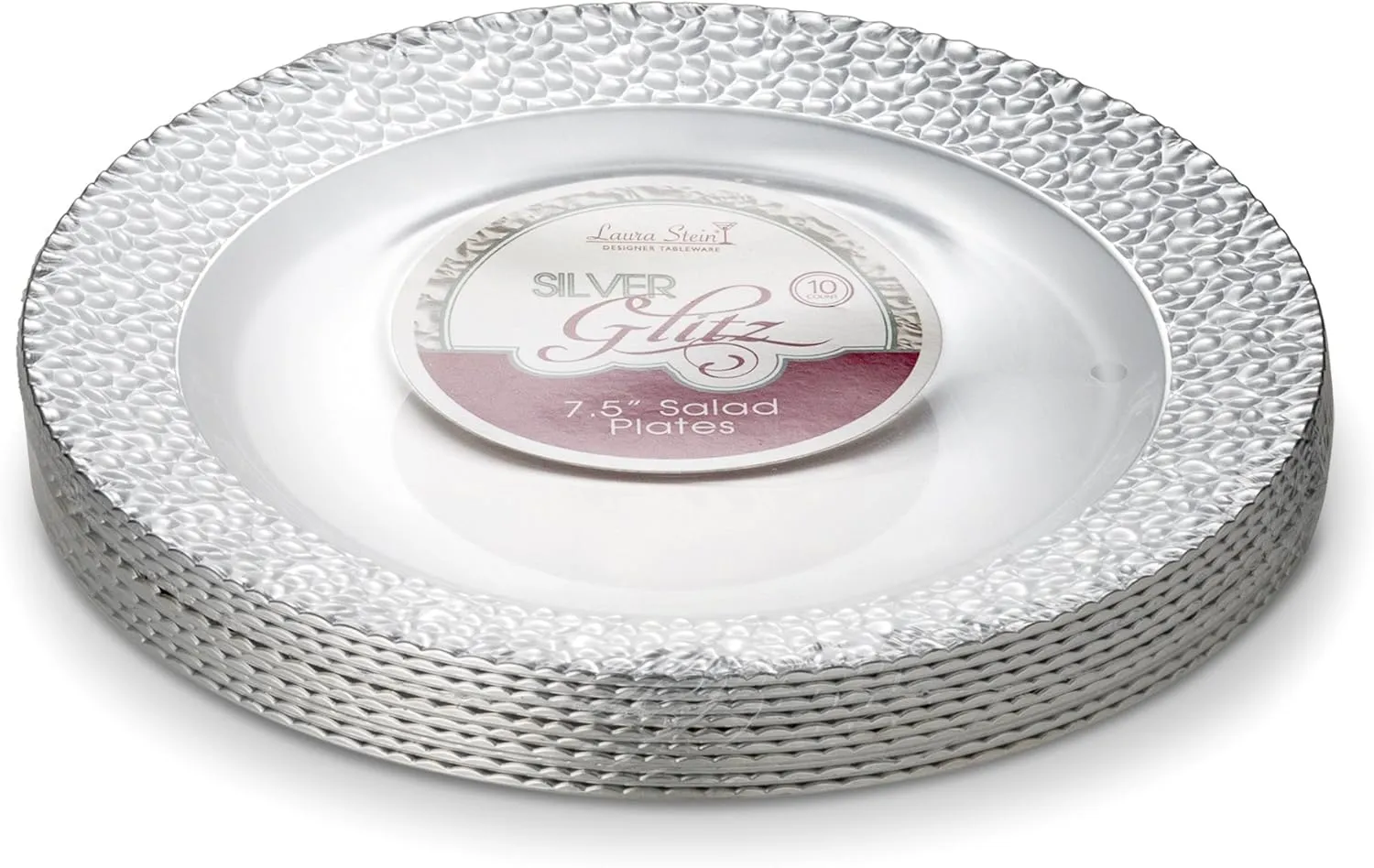 [48 Count - 7 Inch Plates] Laura Stein Designer Tableware Premium Heavyweight Plastic White Appetizer - Salad Plates With Silver Border, Party & Wedding Plate, Glitz Series, Disposable Dishes