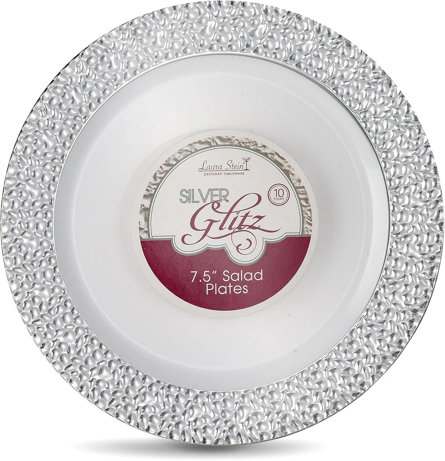 [48 Count - 7 Inch Plates] Laura Stein Designer Tableware Premium Heavyweight Plastic White Appetizer - Salad Plates With Silver Border, Party & Wedding Plate, Glitz Series, Disposable Dishes