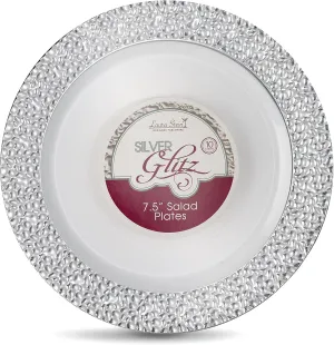 [48 Count - 7 Inch Plates] Laura Stein Designer Tableware Premium Heavyweight Plastic White Appetizer - Salad Plates With Silver Border, Party & Wedding Plate, Glitz Series, Disposable Dishes