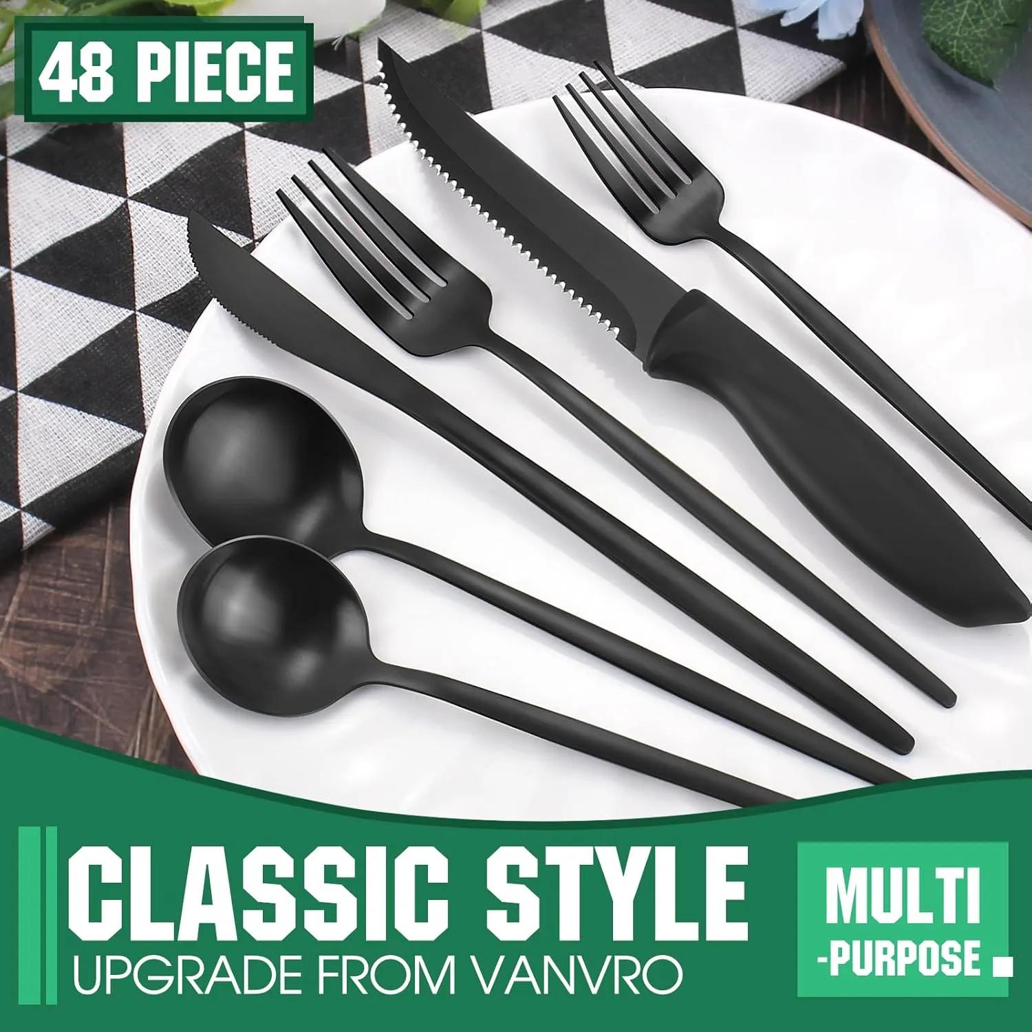 48 Pieces Matte Black Silverware Set with Steak Knives, Satin Finish tableware Cutlery Set, Home and Restaurant, Service for 8, Dishwasher Safe