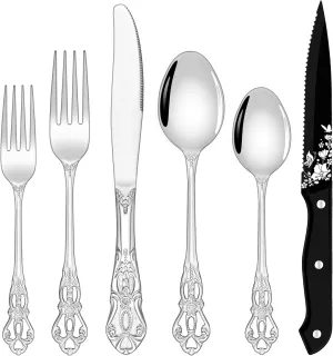 48 Pieces Retro Silverware Set for 8, Food-Grade Stainless Steel Cutlery Flatware Set with Forks Spoons Knives Set, Mirror Polished Tableware Eating Utensils Set,Dishwasher Safe