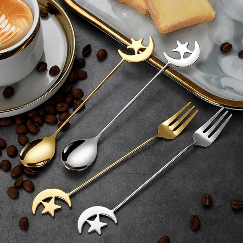 4/8pcs Stainless steel star moon spoon and fork tableware set honey dessert spoon coffee spoon suitable for coffee dessert shop