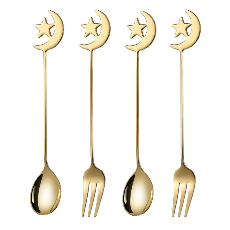 4/8pcs Stainless steel star moon spoon and fork tableware set honey dessert spoon coffee spoon suitable for coffee dessert shop