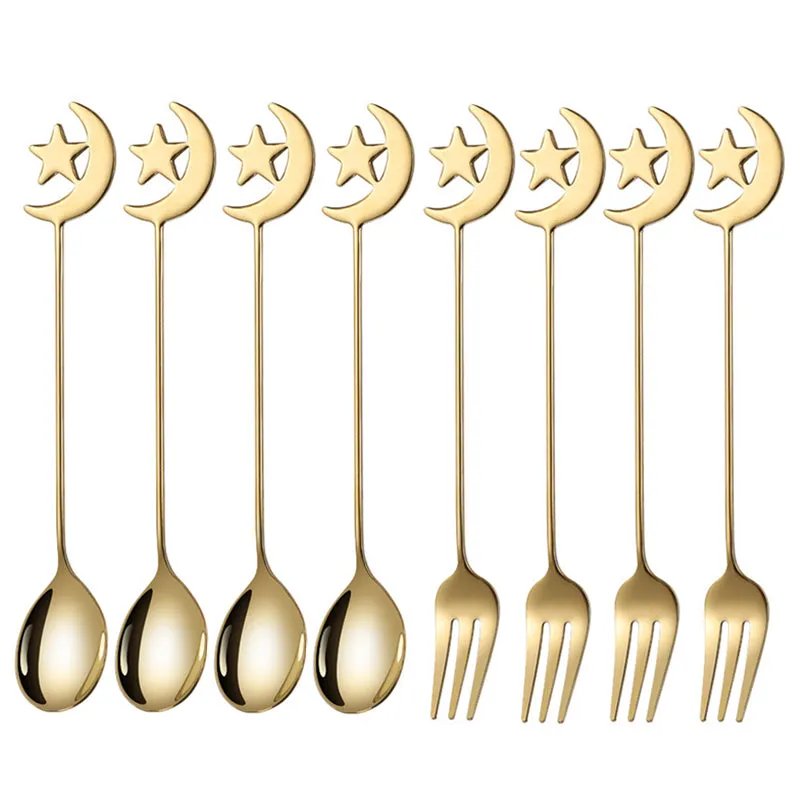 4/8pcs Stainless steel star moon spoon and fork tableware set honey dessert spoon coffee spoon suitable for coffee dessert shop