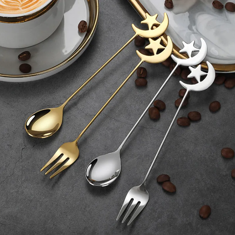 4/8pcs Stainless steel star moon spoon and fork tableware set honey dessert spoon coffee spoon suitable for coffee dessert shop