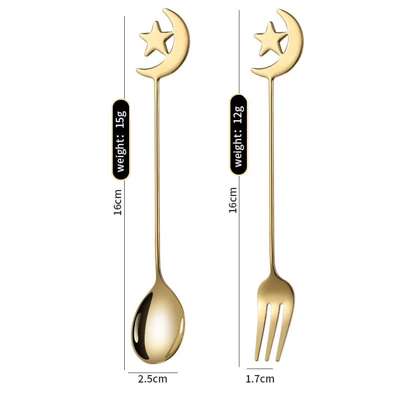 4/8pcs Stainless steel star moon spoon and fork tableware set honey dessert spoon coffee spoon suitable for coffee dessert shop