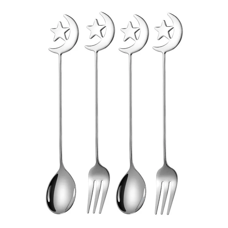 4/8pcs Stainless steel star moon spoon and fork tableware set honey dessert spoon coffee spoon suitable for coffee dessert shop