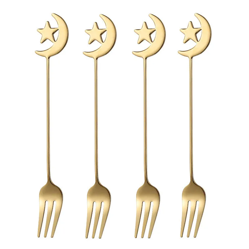 4/8pcs Stainless steel star moon spoon and fork tableware set honey dessert spoon coffee spoon suitable for coffee dessert shop