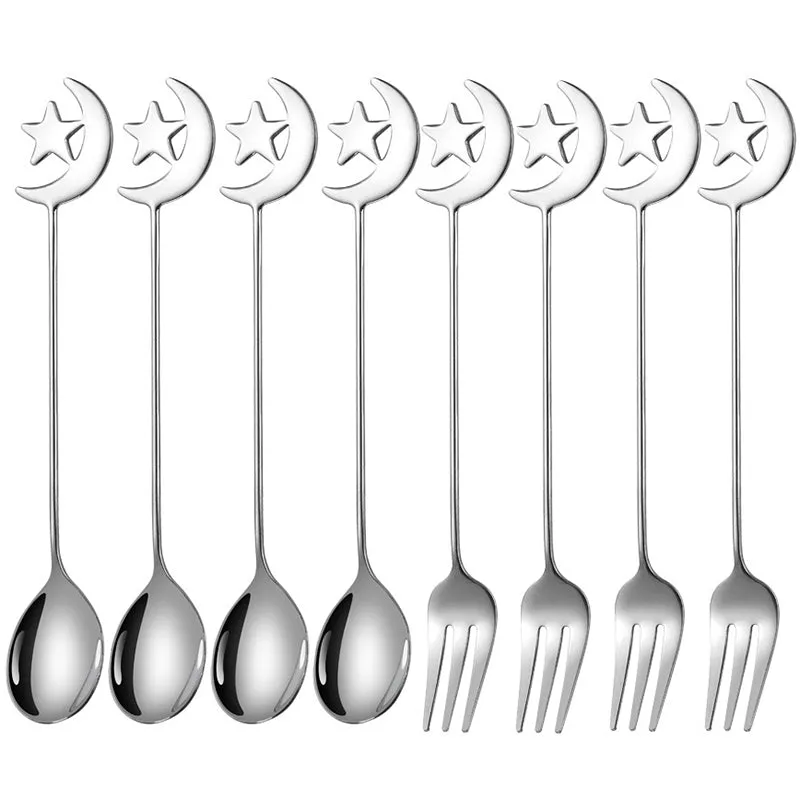4/8pcs Stainless steel star moon spoon and fork tableware set honey dessert spoon coffee spoon suitable for coffee dessert shop