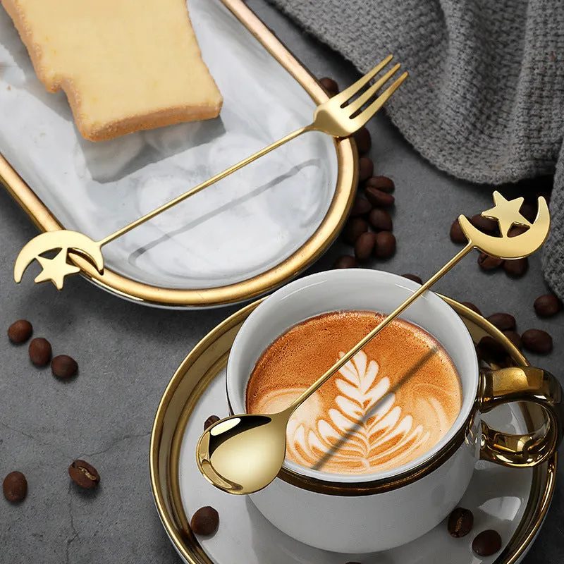 4/8pcs Stainless steel star moon spoon and fork tableware set honey dessert spoon coffee spoon suitable for coffee dessert shop