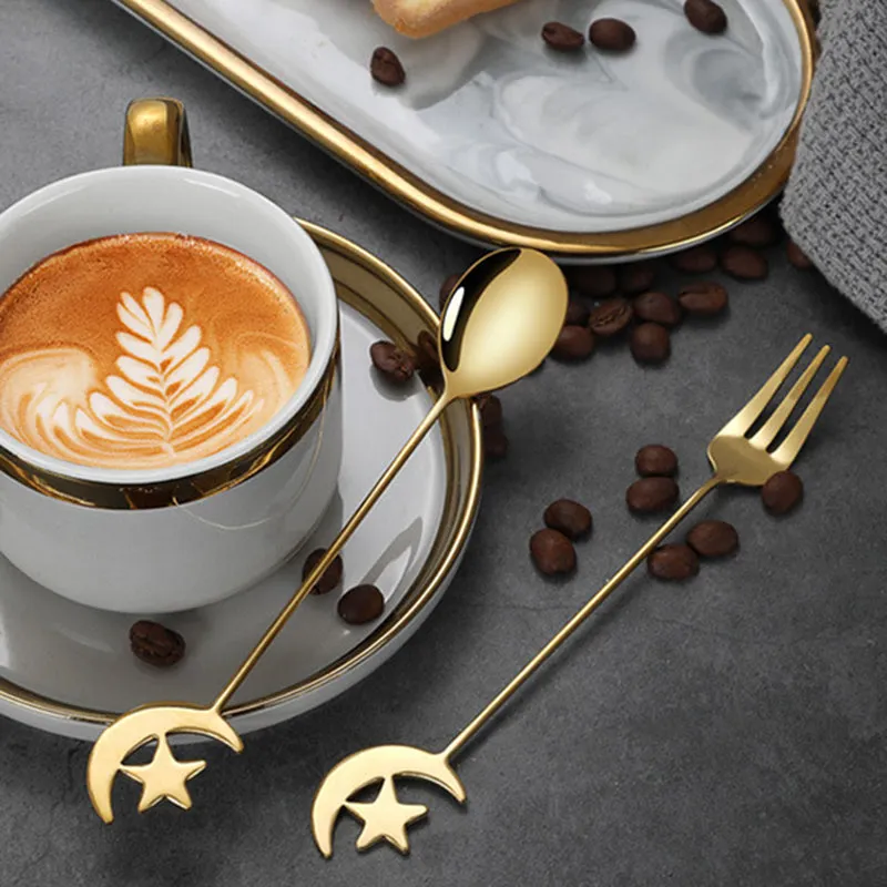 4/8pcs Stainless steel star moon spoon and fork tableware set honey dessert spoon coffee spoon suitable for coffee dessert shop